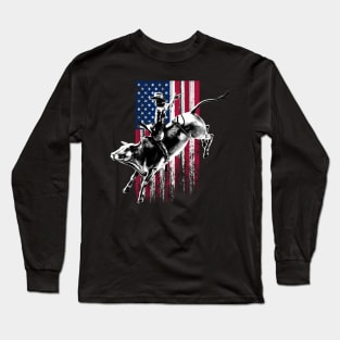 Rodeo Bull Rider Patriotic American Flag For Cowboys Long Sleeve T-Shirt